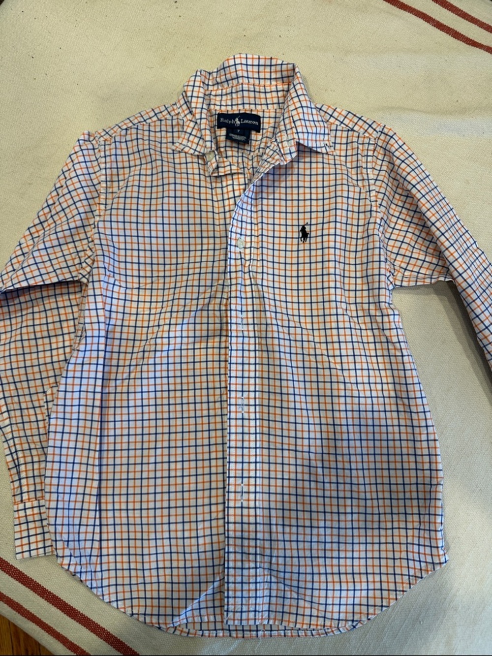 Ralph Lauren Men’s White Button-Down Shirt with Orange & Blue Check